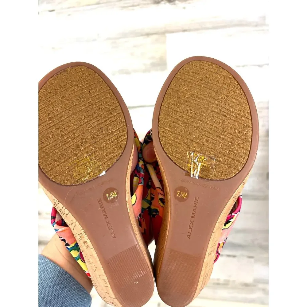 Alex Marie Womens 7.5 Multicolor Floral Fabric Cork Wedge Slip On Sandals NEW